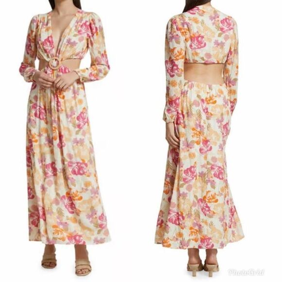 REVOLVE WAYF Linda Cut-Out Dress Long Sleeve Floral V-Neck Maxi Dress Size XS - Picture 2 of 7